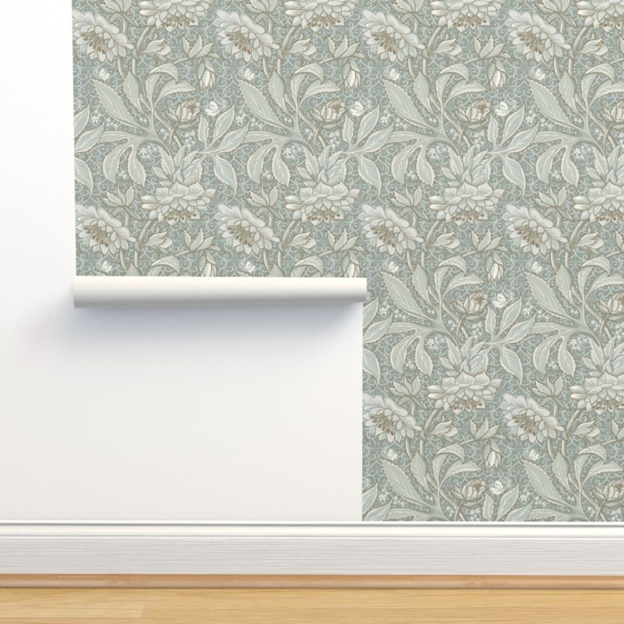 Pale Green Antique Victorian Sage Hellebore Arts And Crafts Floral Neutral Art Nouveau Large Scale Damask Botanical Custom Removable Wallpaper by Spoonflower Peel & Stick Wallpaper 2FT Wide